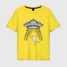 Мужская футболка хлопок Oversize с принтом Кошка и летающая тарелка в Петрозаводске, 100% хлопок | свободный крой, круглый ворот, “спинка” длиннее передней части | 