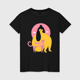 Женская футболка хлопок с принтом Девушка с кошкой в Екатеринбурге, 100% хлопок | прямой крой, круглый вырез горловины, длина до линии бедер, слегка спущенное плечо | 