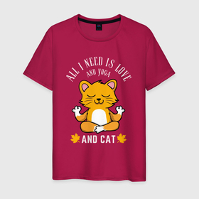 Мужская футболка хлопок с принтом Всё что нужно это любовь йога и кот в Кировске, 100% хлопок | прямой крой, круглый вырез горловины, длина до линии бедер, слегка спущенное плечо. | 