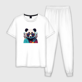 Мужская пижама хлопок с принтом Модная панда в солнечных очках в Новосибирске, 100% хлопок | брюки и футболка прямого кроя, без карманов, на брюках мягкая резинка на поясе и по низу штанин
 | 