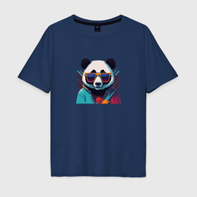 Мужская футболка хлопок Oversize с принтом Модная панда в солнечных очках в Петрозаводске, 100% хлопок | свободный крой, круглый ворот, “спинка” длиннее передней части | 