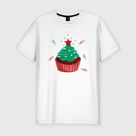 Мужская футболка хлопок Slim с принтом Капкейк в виде новогодней ёлки в Кировске, 92% хлопок, 8% лайкра | приталенный силуэт, круглый вырез ворота, длина до линии бедра, короткий рукав | 