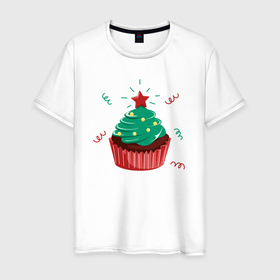 Мужская футболка хлопок с принтом Капкейк в виде новогодней ёлки в Санкт-Петербурге, 100% хлопок | прямой крой, круглый вырез горловины, длина до линии бедер, слегка спущенное плечо. | 
