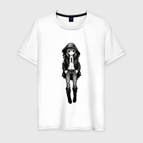 Мужская футболка хлопок с принтом Аниме девушка в капюшоне в Петрозаводске, 100% хлопок | прямой крой, круглый вырез горловины, длина до линии бедер, слегка спущенное плечо. | 