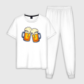 Мужская пижама хлопок с принтом Кружки с пивком в Тюмени, 100% хлопок | брюки и футболка прямого кроя, без карманов, на брюках мягкая резинка на поясе и по низу штанин
 | Тематика изображения на принте: 