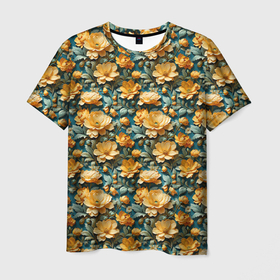 Мужская футболка 3D с принтом Красивые ретро цветы в Курске, 100% полиэфир | прямой крой, круглый вырез горловины, длина до линии бедер | 