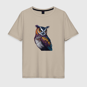 Мужская футболка хлопок Oversize с принтом Красочная сова в Курске, 100% хлопок | свободный крой, круглый ворот, “спинка” длиннее передней части | 