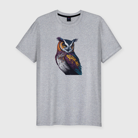 Мужская футболка хлопок Slim с принтом Красочная сова в Петрозаводске, 92% хлопок, 8% лайкра | приталенный силуэт, круглый вырез ворота, длина до линии бедра, короткий рукав | 