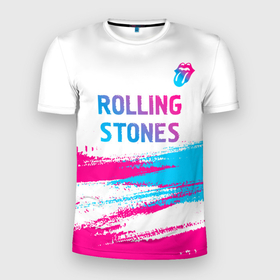Мужская футболка 3D Slim с принтом Rolling Stones neon gradient style посередине в Тюмени, 100% полиэстер с улучшенными характеристиками | приталенный силуэт, круглая горловина, широкие плечи, сужается к линии бедра | 