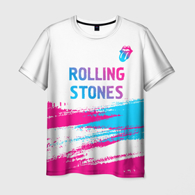Мужская футболка 3D с принтом Rolling Stones neon gradient style посередине в Тюмени, 100% полиэфир | прямой крой, круглый вырез горловины, длина до линии бедер | 