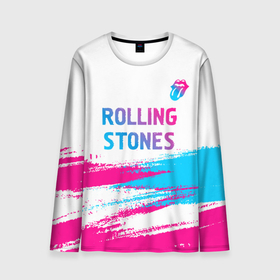 Мужской лонгслив 3D с принтом Rolling Stones neon gradient style посередине в Тюмени, 100% полиэстер | длинные рукава, круглый вырез горловины, полуприлегающий силуэт | 
