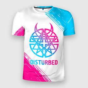 Мужская футболка 3D Slim с принтом Disturbed neon gradient style в Белгороде, 100% полиэстер с улучшенными характеристиками | приталенный силуэт, круглая горловина, широкие плечи, сужается к линии бедра | 