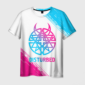 Мужская футболка 3D с принтом Disturbed neon gradient style в Кировске, 100% полиэфир | прямой крой, круглый вырез горловины, длина до линии бедер | Тематика изображения на принте: 
