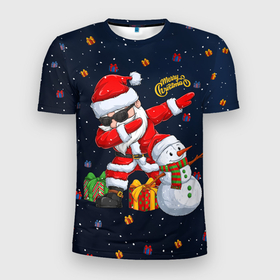 Мужская футболка 3D Slim с принтом Санта Клаус и снеговик в Санкт-Петербурге, 100% полиэстер с улучшенными характеристиками | приталенный силуэт, круглая горловина, широкие плечи, сужается к линии бедра | 
