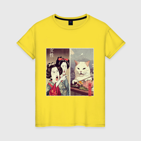 Женская футболка хлопок с принтом Кот из мема в Петрозаводске, 100% хлопок | прямой крой, круглый вырез горловины, длина до линии бедер, слегка спущенное плечо | 