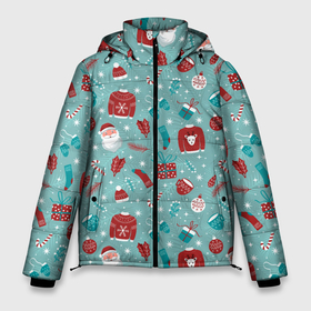 Мужская зимняя куртка 3D с принтом Праздничный новогодний узор в Новосибирске, верх — 100% полиэстер; подкладка — 100% полиэстер; утеплитель — 100% полиэстер | длина ниже бедра, свободный силуэт Оверсайз. Есть воротник-стойка, отстегивающийся капюшон и ветрозащитная планка. 

Боковые карманы с листочкой на кнопках и внутренний карман на молнии. | 