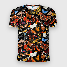Мужская футболка 3D Slim с принтом Разноцветные тропические бабочки в Новосибирске, 100% полиэстер с улучшенными характеристиками | приталенный силуэт, круглая горловина, широкие плечи, сужается к линии бедра | 
