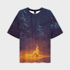Мужская футболка oversize 3D с принтом Зимний костёрв лесу в Курске,  |  | Тематика изображения на принте: 