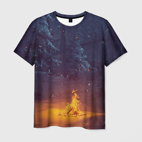 Мужская футболка 3D с принтом Зимний костёрв лесу в Кировске, 100% полиэфир | прямой крой, круглый вырез горловины, длина до линии бедер | Тематика изображения на принте: 
