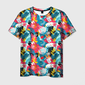 Мужская футболка 3D с принтом Тропический цветной узор в Тюмени, 100% полиэфир | прямой крой, круглый вырез горловины, длина до линии бедер | 