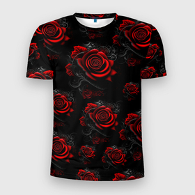 Мужская футболка 3D Slim с принтом Красные розы цветы в Курске, 100% полиэстер с улучшенными характеристиками | приталенный силуэт, круглая горловина, широкие плечи, сужается к линии бедра | Тематика изображения на принте: 
