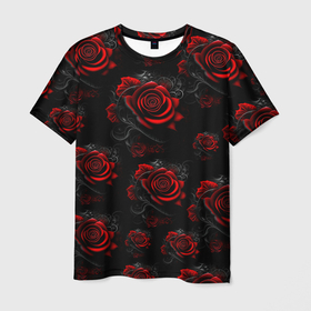 Мужская футболка 3D с принтом Красные розы цветы в Курске, 100% полиэфир | прямой крой, круглый вырез горловины, длина до линии бедер | Тематика изображения на принте: 