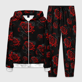 Мужской костюм 3D с принтом Красные розы цветы в Курске, 100% полиэстер | Манжеты и пояс оформлены тканевой резинкой, двухслойный капюшон со шнурком для регулировки, карманы спереди | 