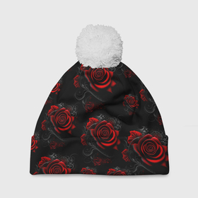Шапка 3D c помпоном с принтом Красные розы цветы , 100% полиэстер | универсальный размер, печать по всей поверхности изделия | 