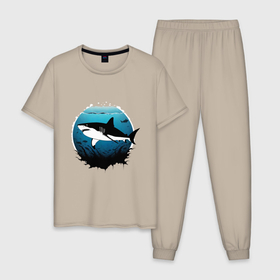 Мужская пижама хлопок с принтом Акула белая в Тюмени, 100% хлопок | брюки и футболка прямого кроя, без карманов, на брюках мягкая резинка на поясе и по низу штанин
 | 