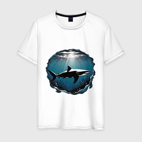 Мужская футболка хлопок с принтом Акула в океане в Курске, 100% хлопок | прямой крой, круглый вырез горловины, длина до линии бедер, слегка спущенное плечо. | 