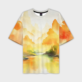 Мужская футболка oversize 3D с принтом Осенний пейзаж акварельная абстракция ,  |  | 