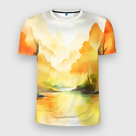 Мужская футболка 3D Slim с принтом Осенний пейзаж акварельная абстракция , 100% полиэстер с улучшенными характеристиками | приталенный силуэт, круглая горловина, широкие плечи, сужается к линии бедра | 