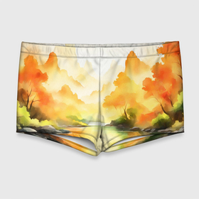 Мужские купальные плавки 3D с принтом Осенний пейзаж акварельная абстракция , Полиэстер 85%, Спандекс 15% |  | 