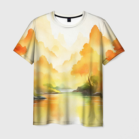 Мужская футболка 3D с принтом Осенний пейзаж акварельная абстракция , 100% полиэфир | прямой крой, круглый вырез горловины, длина до линии бедер | 
