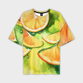Мужская футболка oversize 3D с принтом Дольки апельсина на зеленом акварель в Тюмени,  |  | Тематика изображения на принте: 