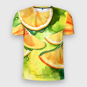 Мужская футболка 3D Slim с принтом Дольки апельсина на зеленом акварель в Тюмени, 100% полиэстер с улучшенными характеристиками | приталенный силуэт, круглая горловина, широкие плечи, сужается к линии бедра | Тематика изображения на принте: 