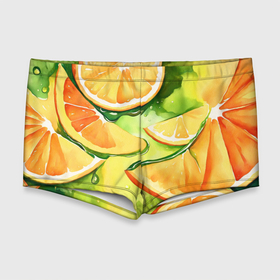 Мужские купальные плавки 3D с принтом Дольки апельсина на зеленом акварель в Курске, Полиэстер 85%, Спандекс 15% |  | Тематика изображения на принте: 