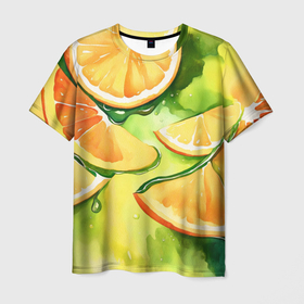 Мужская футболка 3D с принтом Дольки апельсина на зеленом акварель в Тюмени, 100% полиэфир | прямой крой, круглый вырез горловины, длина до линии бедер | Тематика изображения на принте: 