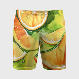 Мужские шорты спортивные с принтом Дольки апельсина на зеленом акварель в Тюмени,  |  | 
