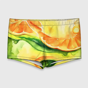 Мужские купальные плавки 3D с принтом Акварельная абстракция с апельсиновыми дольками в Курске, Полиэстер 85%, Спандекс 15% |  | 