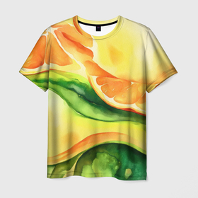 Мужская футболка 3D с принтом Акварельная абстракция с апельсиновыми дольками в Курске, 100% полиэфир | прямой крой, круглый вырез горловины, длина до линии бедер | 