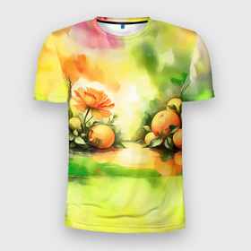 Мужская футболка 3D Slim с принтом Апельсины и цветок акварель в Петрозаводске, 100% полиэстер с улучшенными характеристиками | приталенный силуэт, круглая горловина, широкие плечи, сужается к линии бедра | 