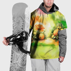 Накидка на куртку 3D с принтом Апельсины и цветок акварель в Тюмени, 100% полиэстер |  | Тематика изображения на принте: 