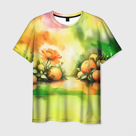 Мужская футболка 3D с принтом Апельсины и цветок акварель в Петрозаводске, 100% полиэфир | прямой крой, круглый вырез горловины, длина до линии бедер | 