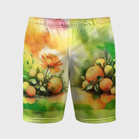 Мужские шорты спортивные с принтом Апельсины и цветок акварель в Петрозаводске,  |  | 