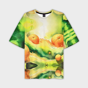 Мужская футболка oversize 3D с принтом Апельсины в зеленых волнах акварель в Новосибирске,  |  | 