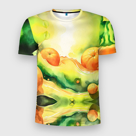 Мужская футболка 3D Slim с принтом Апельсины в зеленых волнах акварель , 100% полиэстер с улучшенными характеристиками | приталенный силуэт, круглая горловина, широкие плечи, сужается к линии бедра | 