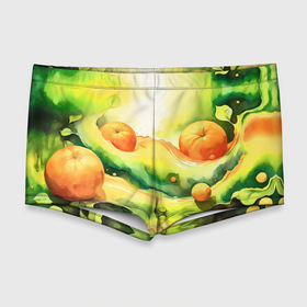 Мужские купальные плавки 3D с принтом Апельсины в зеленых волнах акварель в Курске, Полиэстер 85%, Спандекс 15% |  | Тематика изображения на принте: 