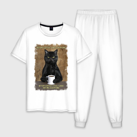 Мужская пижама хлопок с принтом Кот любит кофе в Санкт-Петербурге, 100% хлопок | брюки и футболка прямого кроя, без карманов, на брюках мягкая резинка на поясе и по низу штанин
 | 