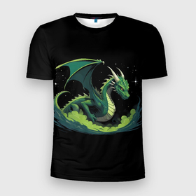 Мужская футболка 3D Slim с принтом Зеленый дракон на черном в Санкт-Петербурге, 100% полиэстер с улучшенными характеристиками | приталенный силуэт, круглая горловина, широкие плечи, сужается к линии бедра | 